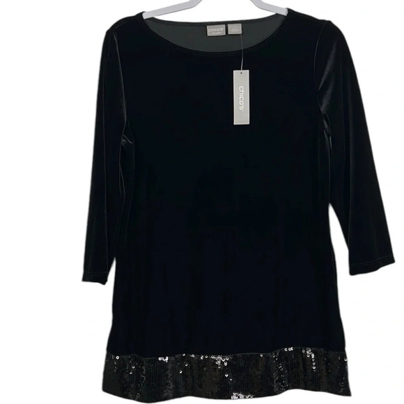 Chico’s Travelers New Women’s US 4/6 Velvet Sequin Hemline Quarter Sleeve Top - Picture 1 of 6